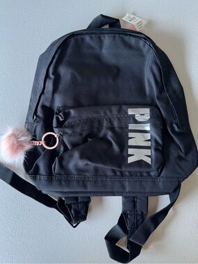 PINK Victoria's Secret Black Backpack with Pink Pom Keychain Charm